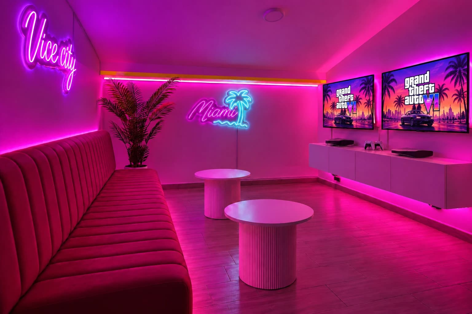 UV Lounge sa neonskim natpisom Miami, dva ekrana i belim okruglim stolovima
